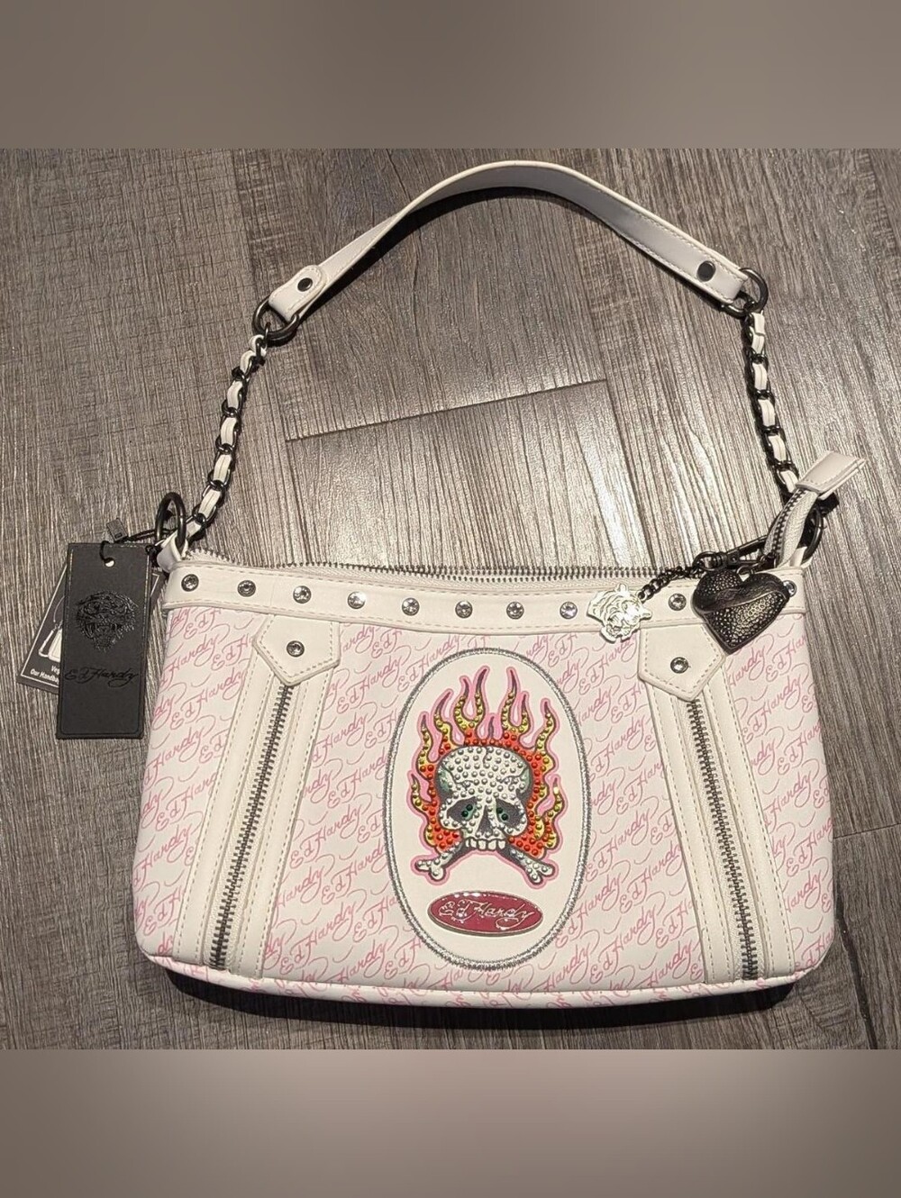 Ed Hardy White & Pink Flaming Skull Shoulder Bag